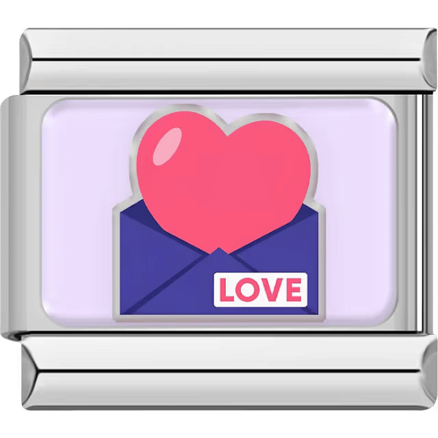 Silver charm with a pink heart coming out of a purple envelope labeled LOVE.